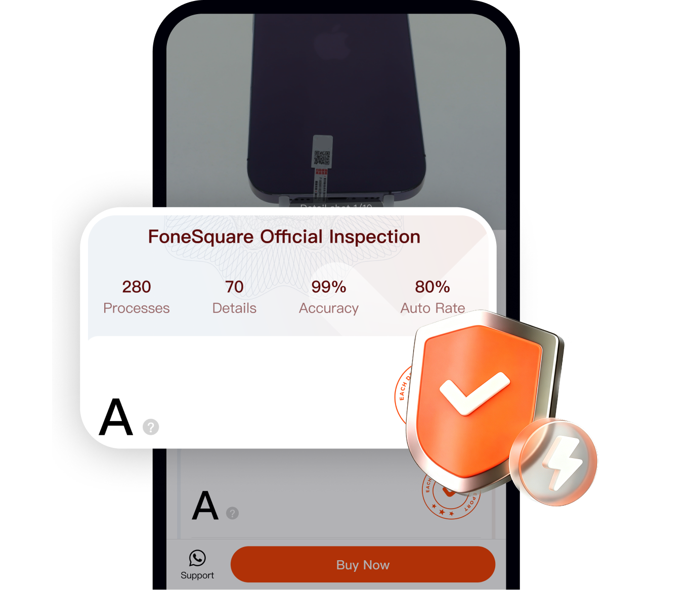 FoneSquare official inspection screen showing grades and quality details