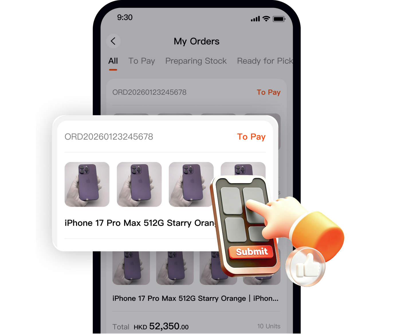 My orders screen — order online and pick up in Hong Kong
